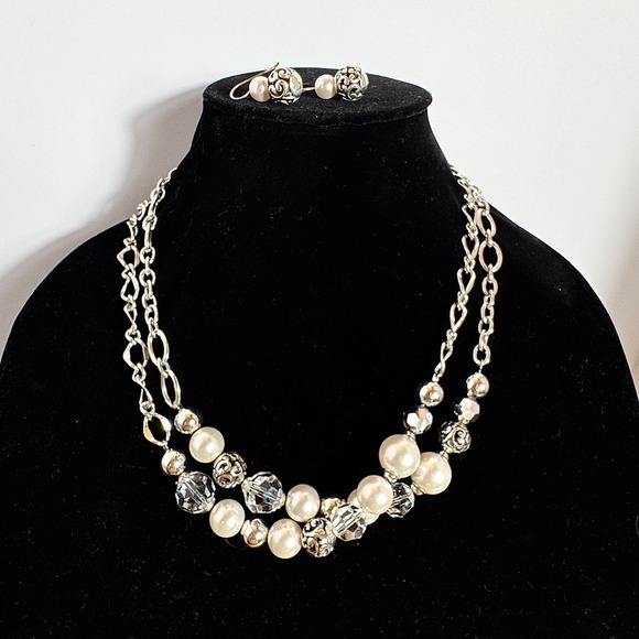 Brighton Pearl Crystal Bead Necklace Earrings Set Silver Tone, Elegant Statement - Picture 7 of 8